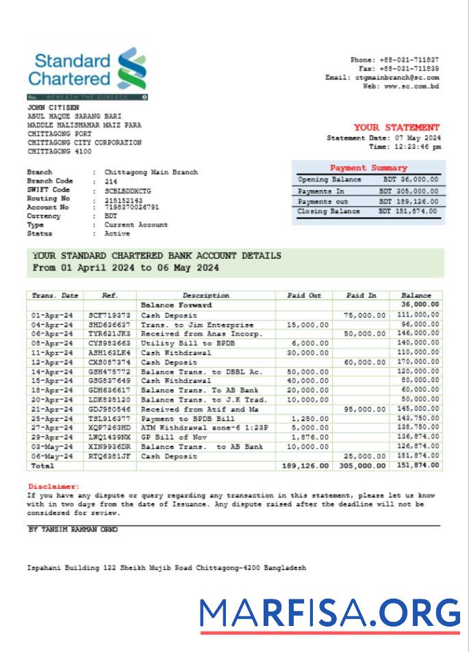 Downloadable India Standard Chartered bank statement word version 2 template